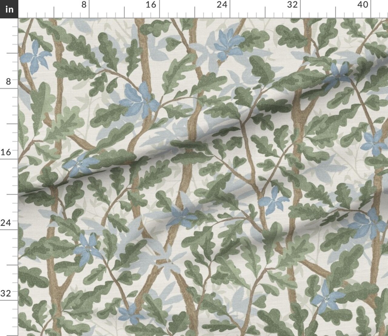 Oak Leaves Branches Trees Oak Tree Large Scale Blue Green Floral Nature Forest Faux Texture Distressed Landscape Scenic Mural Linen Faux Linen Custom Printed Fabric by Spoonflower Various Fabrics by the Yard or Fat Quarter